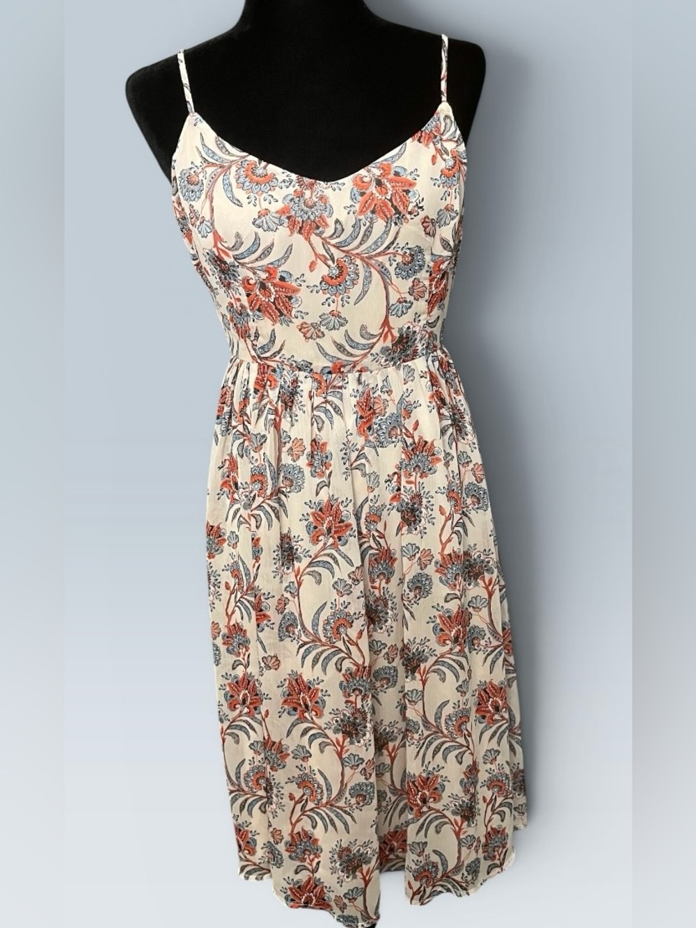 BB Dakota Cream Midi Dress with Coral and Muted Blue Floral Print